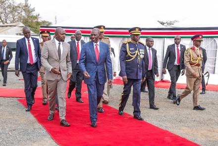 H.E President William Ruto, Interior Cabinet Secretary, Hon Onesimus Kipchumba Murkomen , Inspector General of National Police Service,  Mr. Douglas Kanja Kirocho arrive at the 149th Pass out Parade at National Police College, Kiganjo.