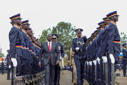 H.E President William Ruto inspects guard of honour during the 149th Pass out Parade at National Police College, Kiganjo.